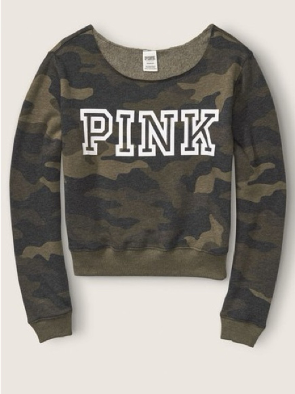 PINK Victoria's Secret Classic Logo Off Shoulder Green Camo Crewneck Sweater